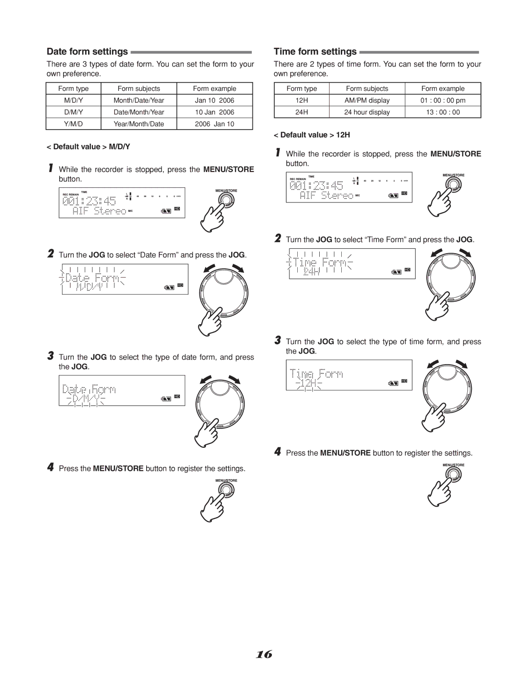 Marantz CDR310, CD Recorder manual Date form settings, Time form settings, Default value M/D/Y, Default value 12H 