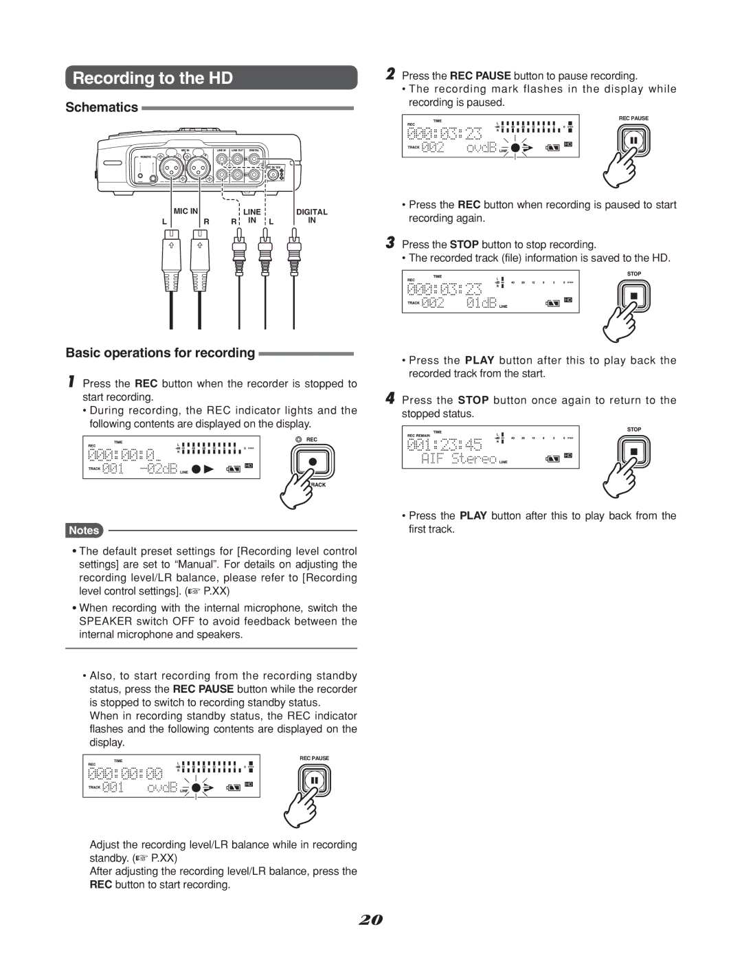 Marantz CDR310, CD Recorder manual Recording to the HD, Schematics, Basic operations for recording 