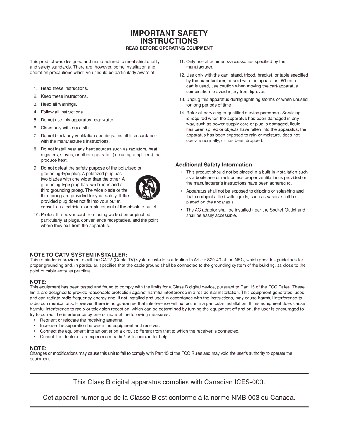 Marantz CD Recorder, CDR310 manual Important Safety Instructions 