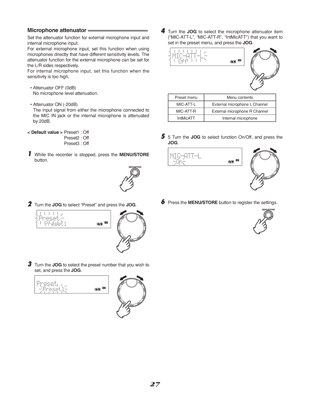 Marantz CD Recorder, CDR310 manual Microphone attenuator, Default value Preset1 Off 
