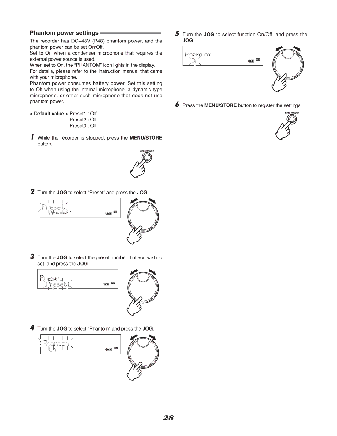 Marantz CDR310, CD Recorder manual Phantom power settings, Default value Preset1 Off Preset2 Off Preset3 Off 