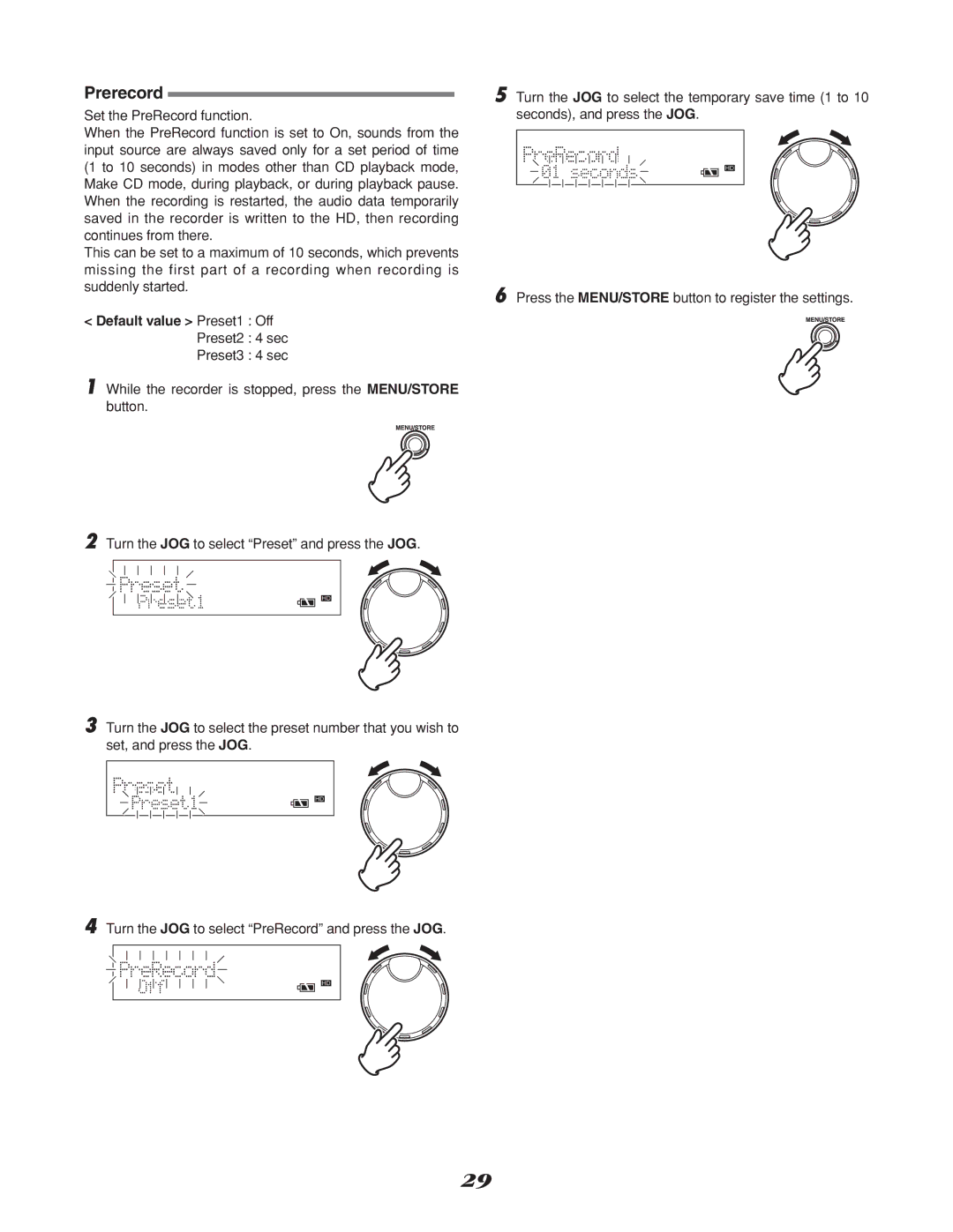 Marantz CD Recorder, CDR310 manual Prerecord, Default value Preset1 Off Preset2 4 sec Preset3 4 sec 