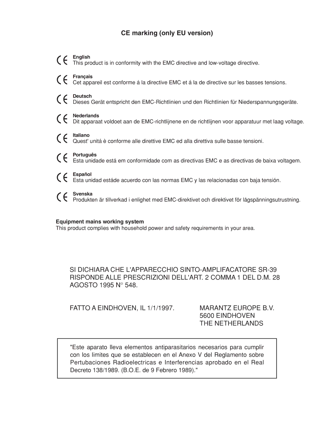 Marantz CDR310, CD Recorder manual English, Français, Deutsch, Nederlands, Italiano, Português, Español, Svenska 