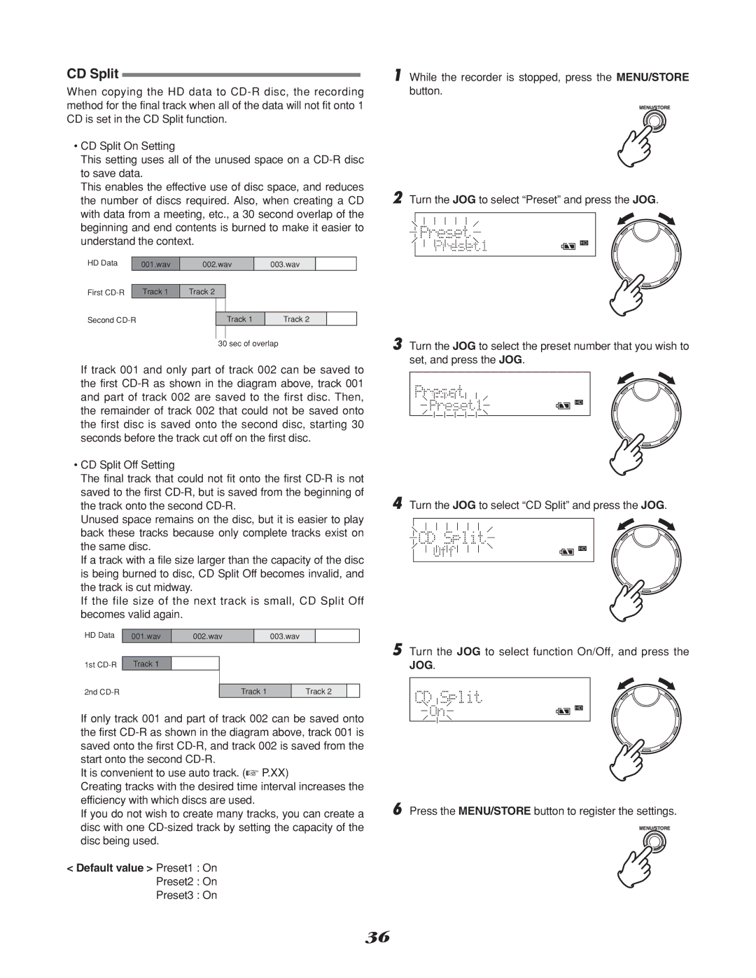 Marantz CDR310, CD Recorder manual CD Split, Default value Preset1 On Preset2 On Preset3 On 