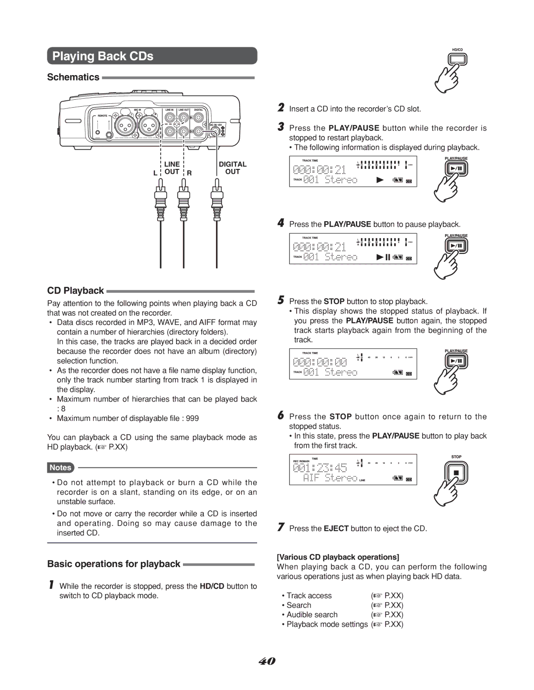 Marantz CDR310, CD Recorder manual Playing Back CDs, CD Playback, Various CD playback operations 