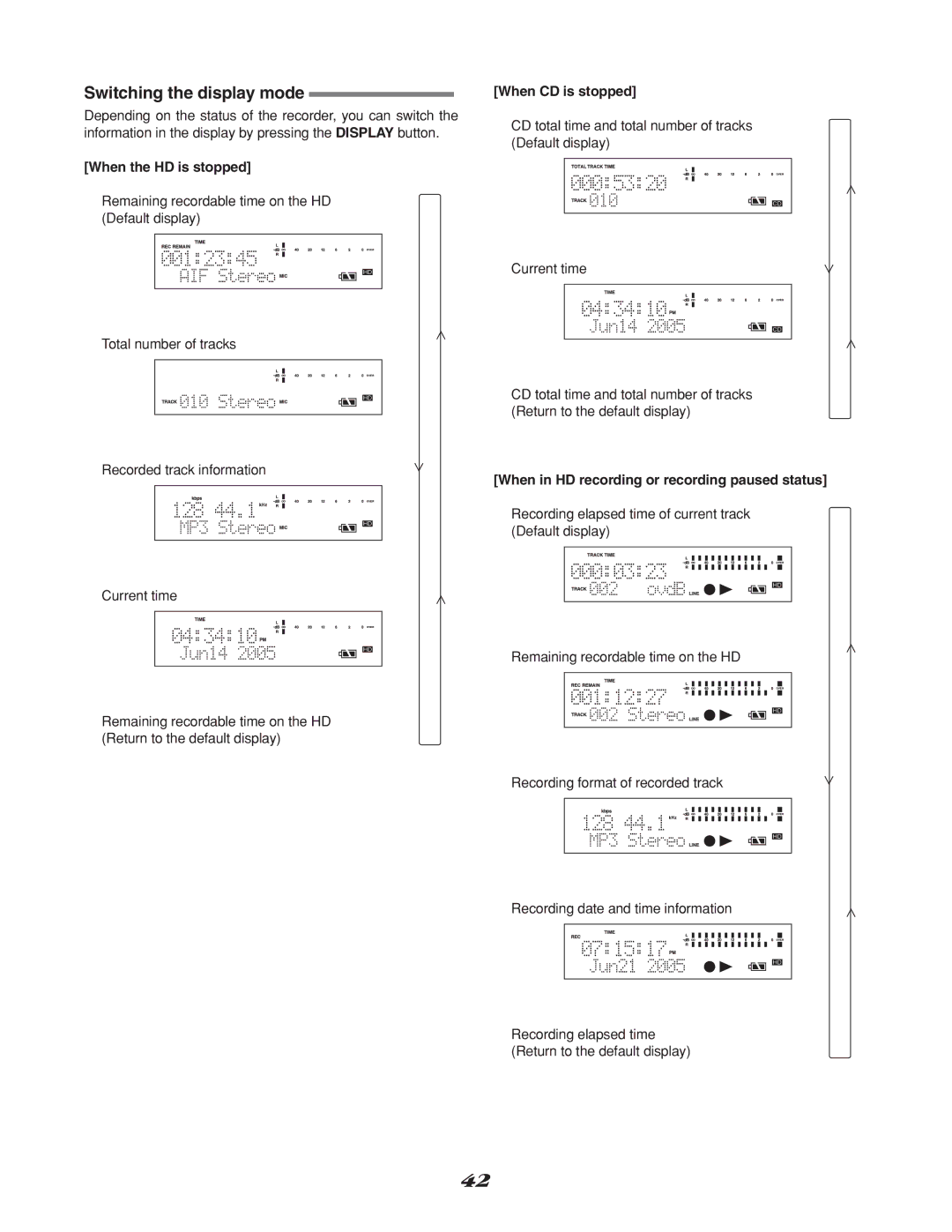 Marantz CDR310, CD Recorder manual Switching the display mode, When the HD is stopped, When CD is stopped 
