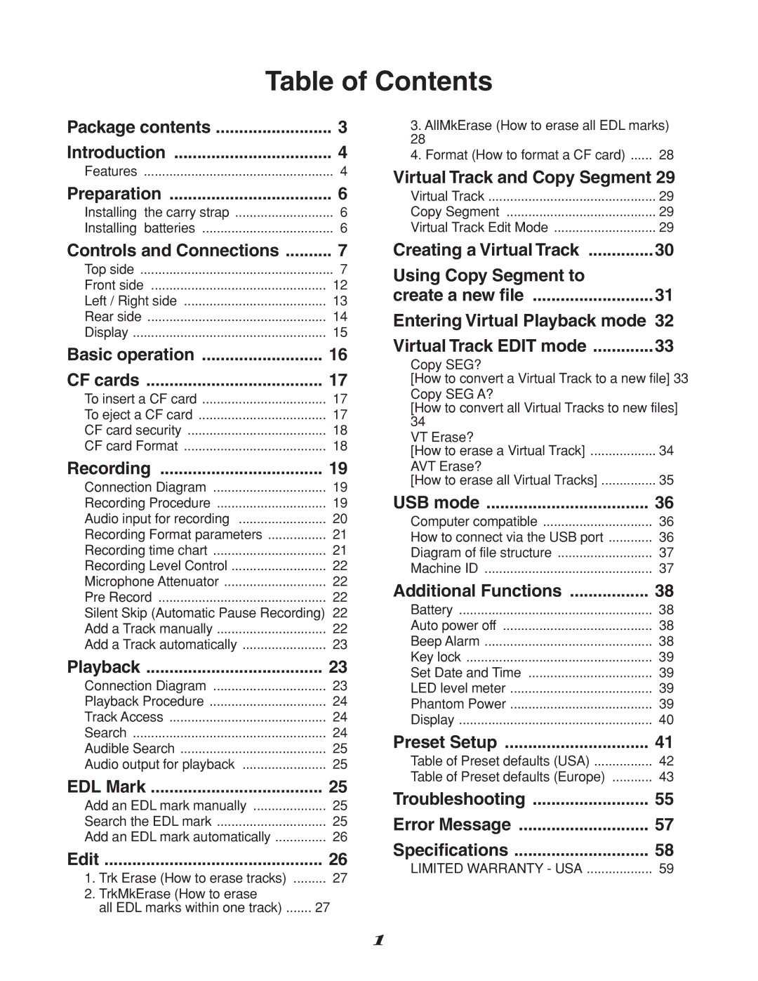 Marantz CD Recorder, CDR310 manual Table of Contents 