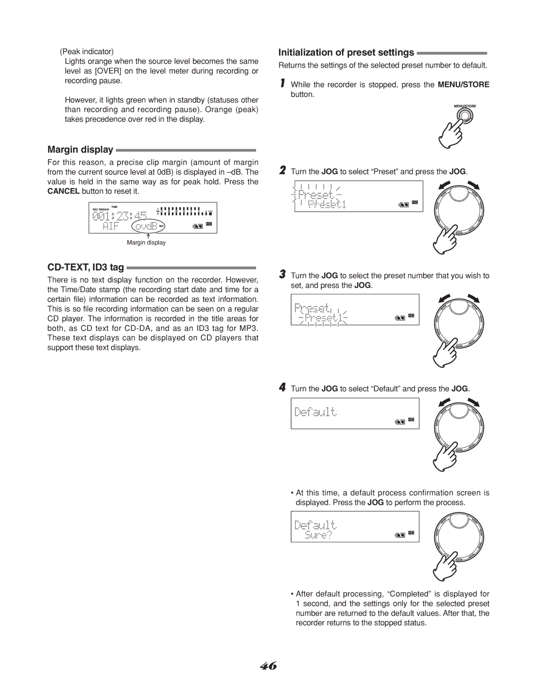 Marantz CDR310, CD Recorder manual Margin display, CD-TEXT, ID3 tag, Initialization of preset settings 