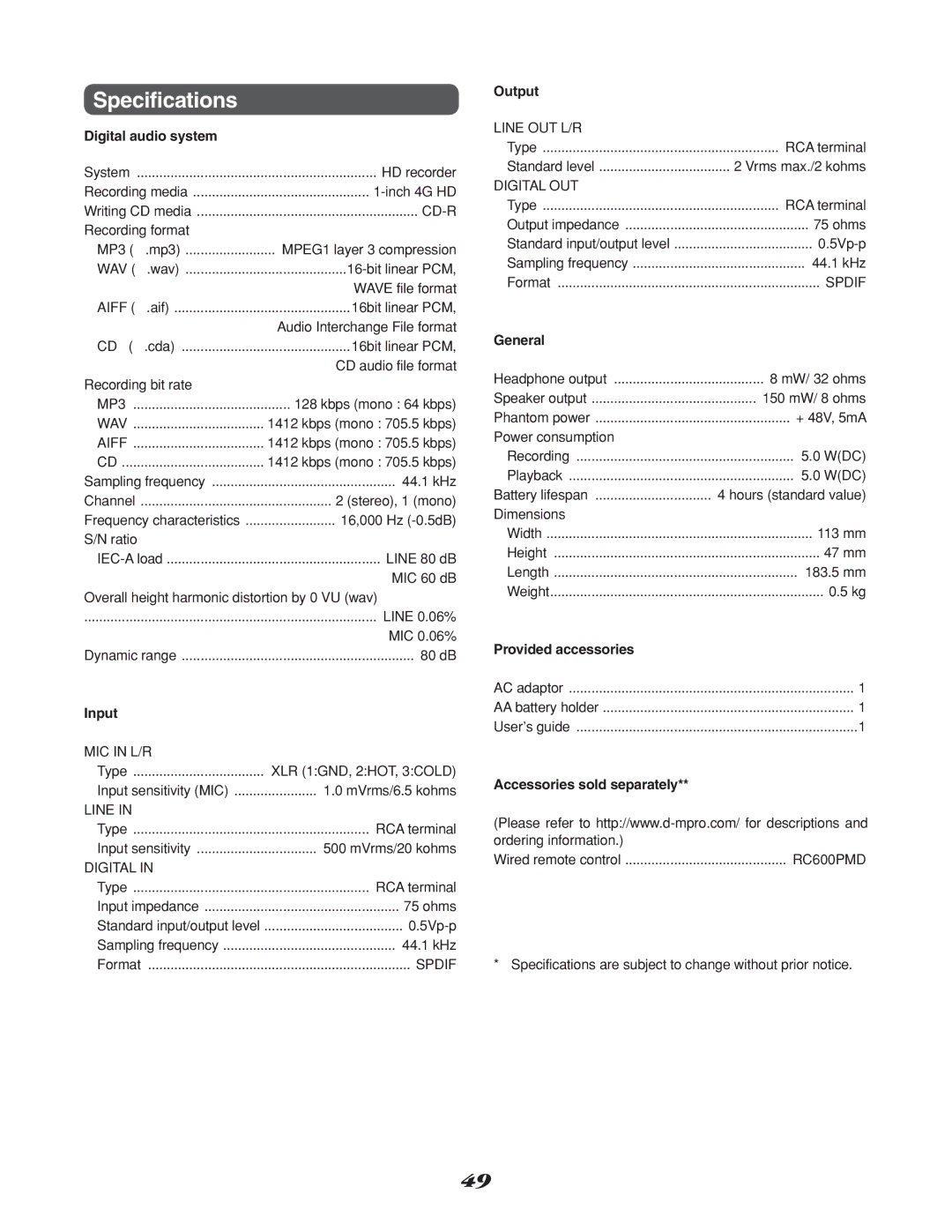 Marantz CD Recorder, CDR310 manual Specifications 