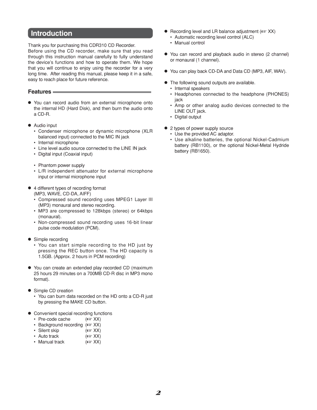 Marantz CDR310, CD Recorder manual Introduction, Features 