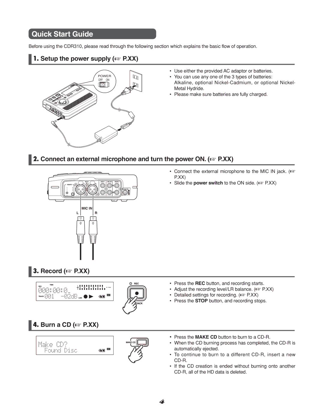 Marantz CDR310, CD Recorder manual Quick Start Guide, Setup the power supply P.XX 