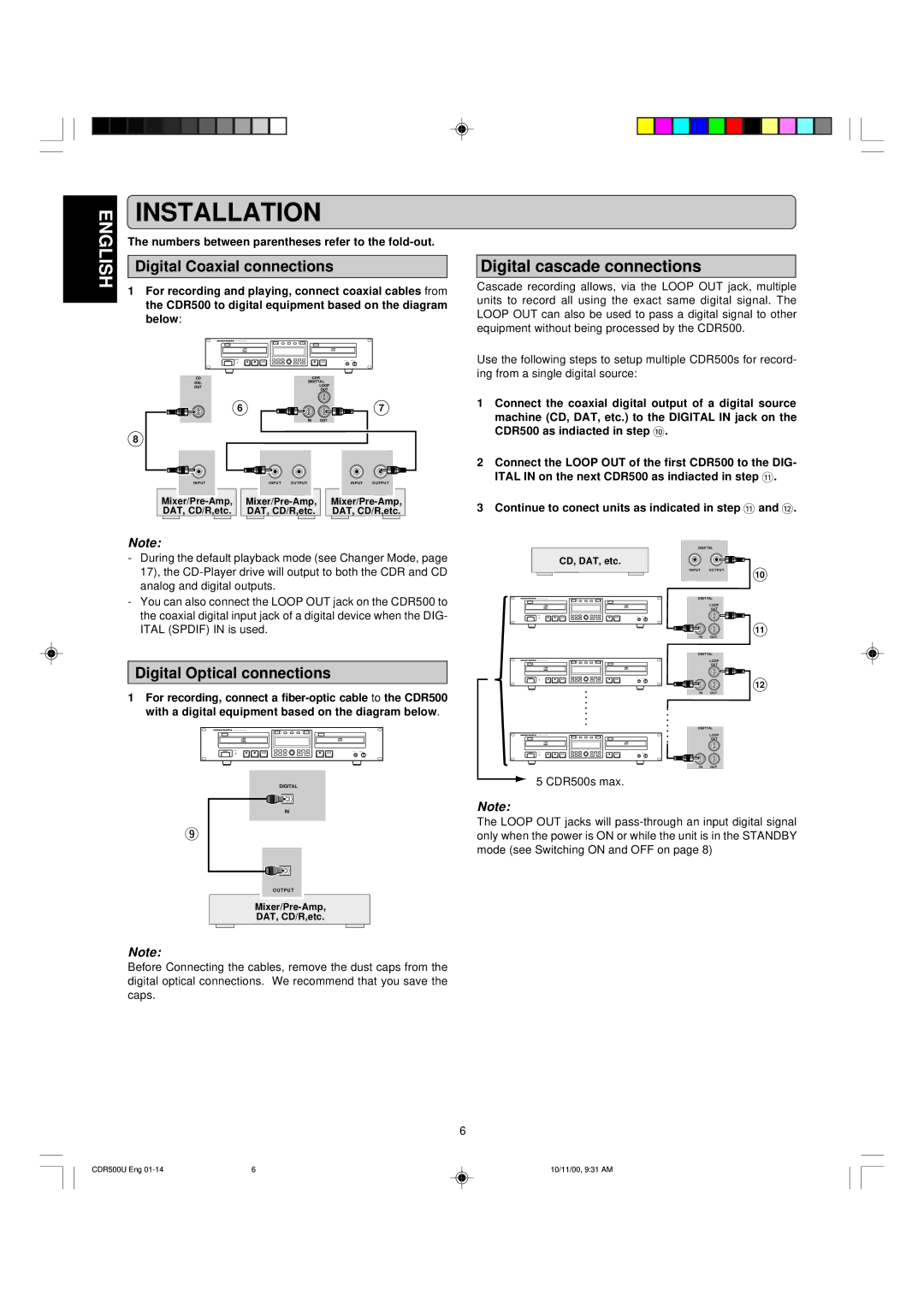 Marantz CDR500 manual Digital Coaxial connections, Digital Optical connections 