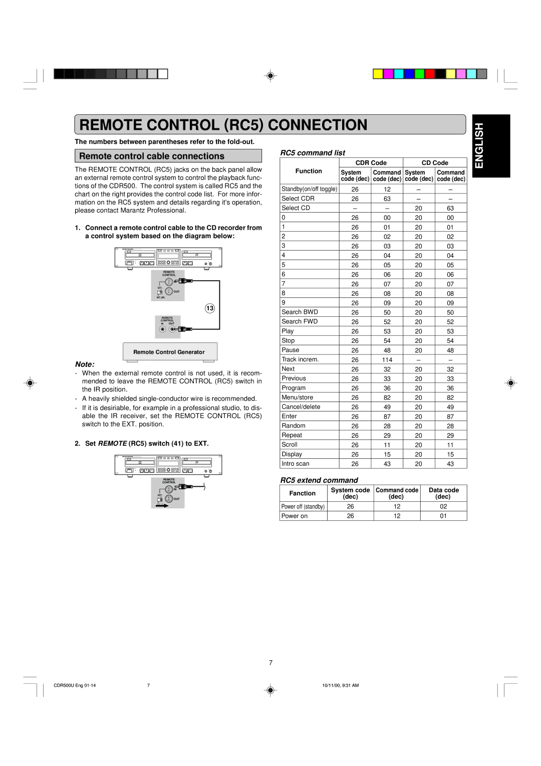 Marantz CDR500 manual Remote Control RC5 Connection, Remote control cable connections, Set Remote RC5 switch 41 to EXT 