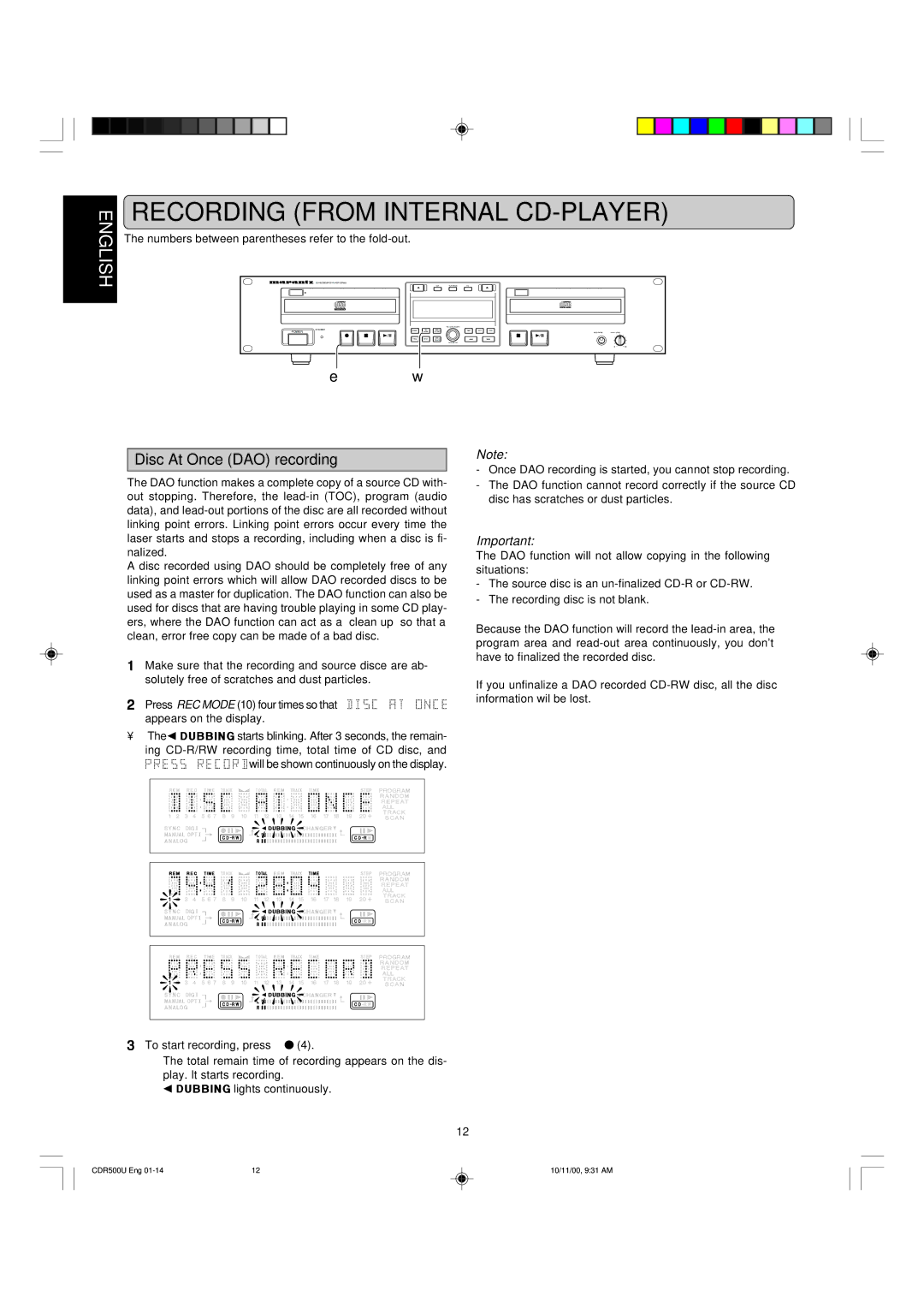 Marantz CDR500 manual Disc At Once DAO recording 