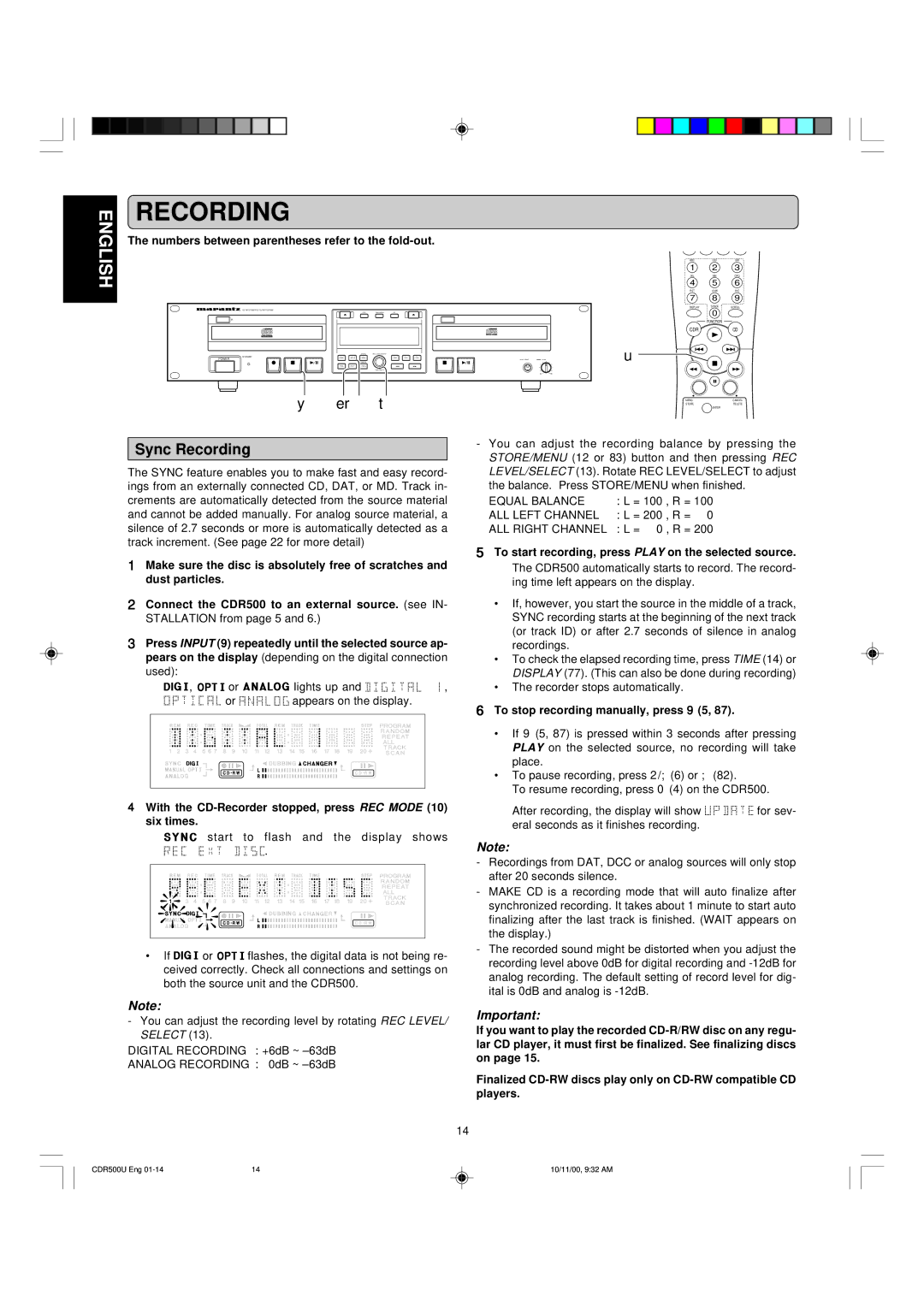 Marantz CDR500 manual Sync Recording 