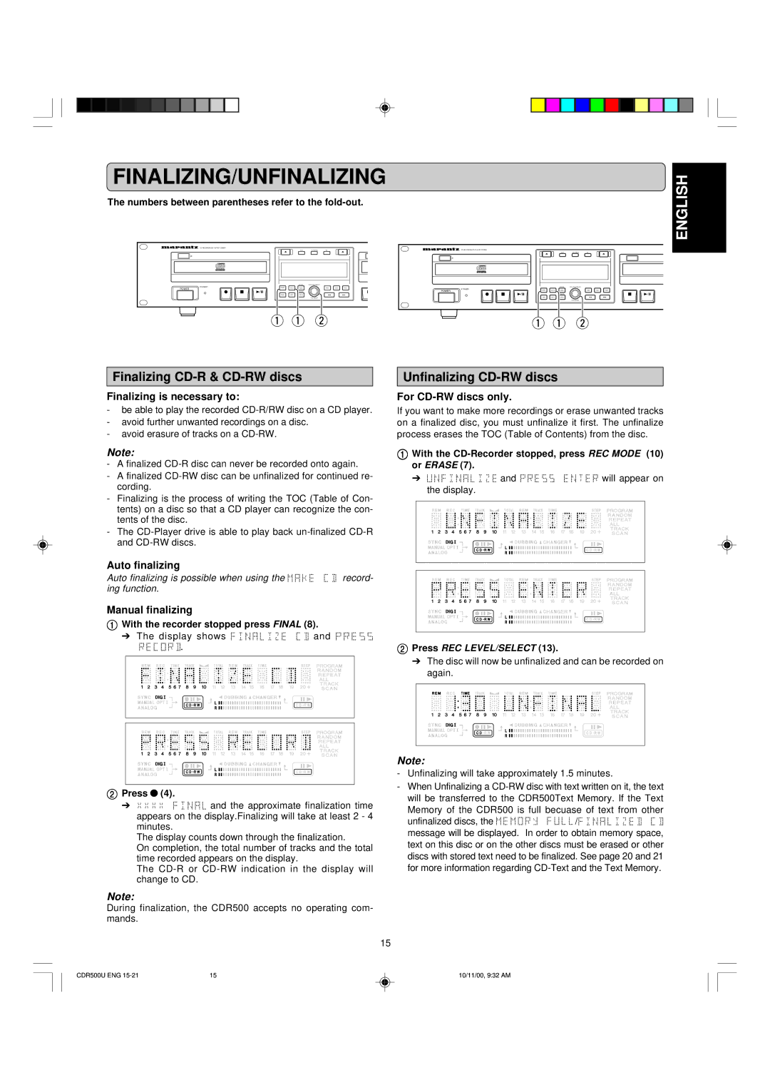 Marantz CDR500 manual Finalizing/Unfinalizing, Finalizing CD-R & CD-RW discs, Unfinalizing CD-RW discs 