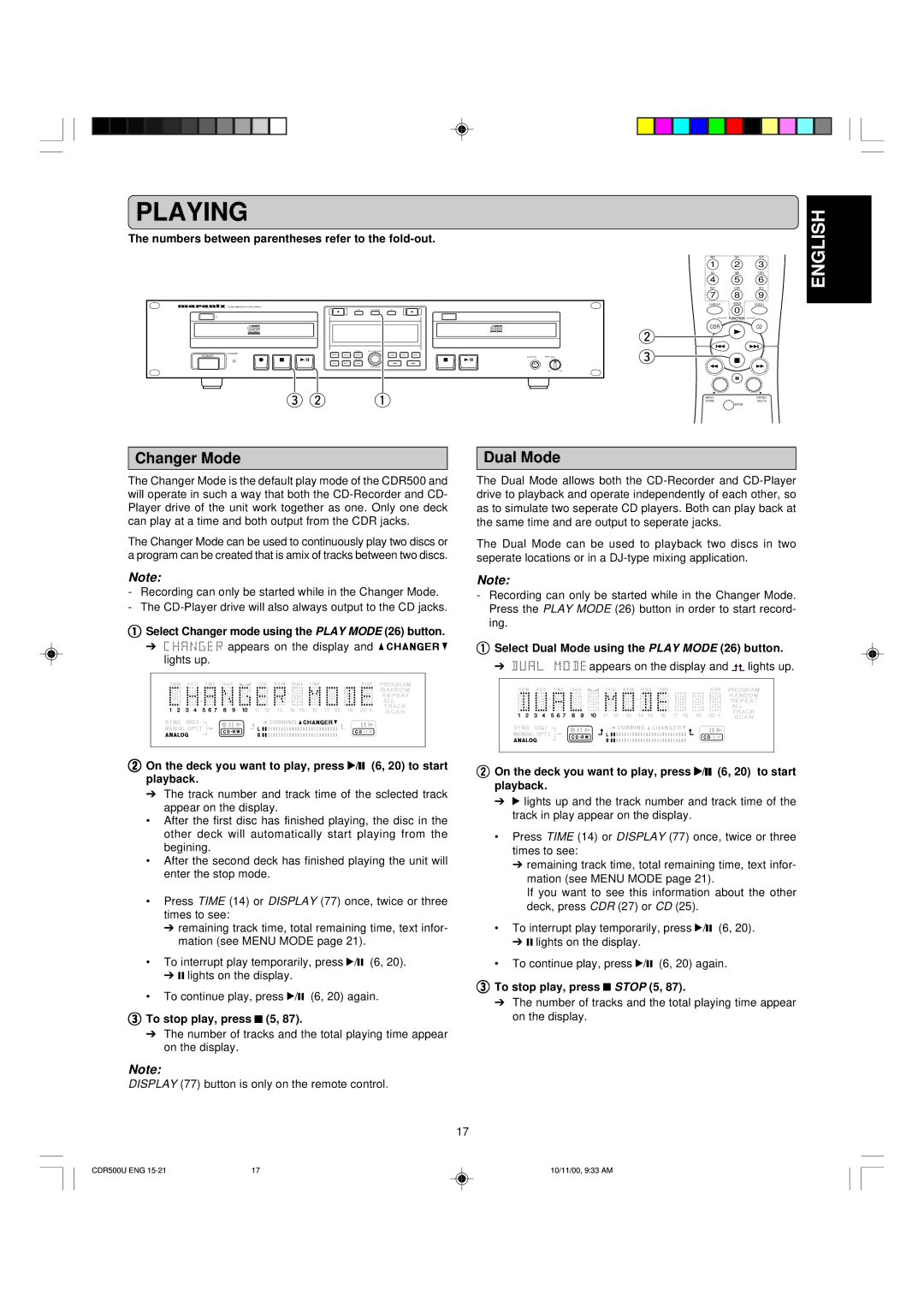 Marantz CDR500 manual Playing, Changer Mode, Dual Mode 