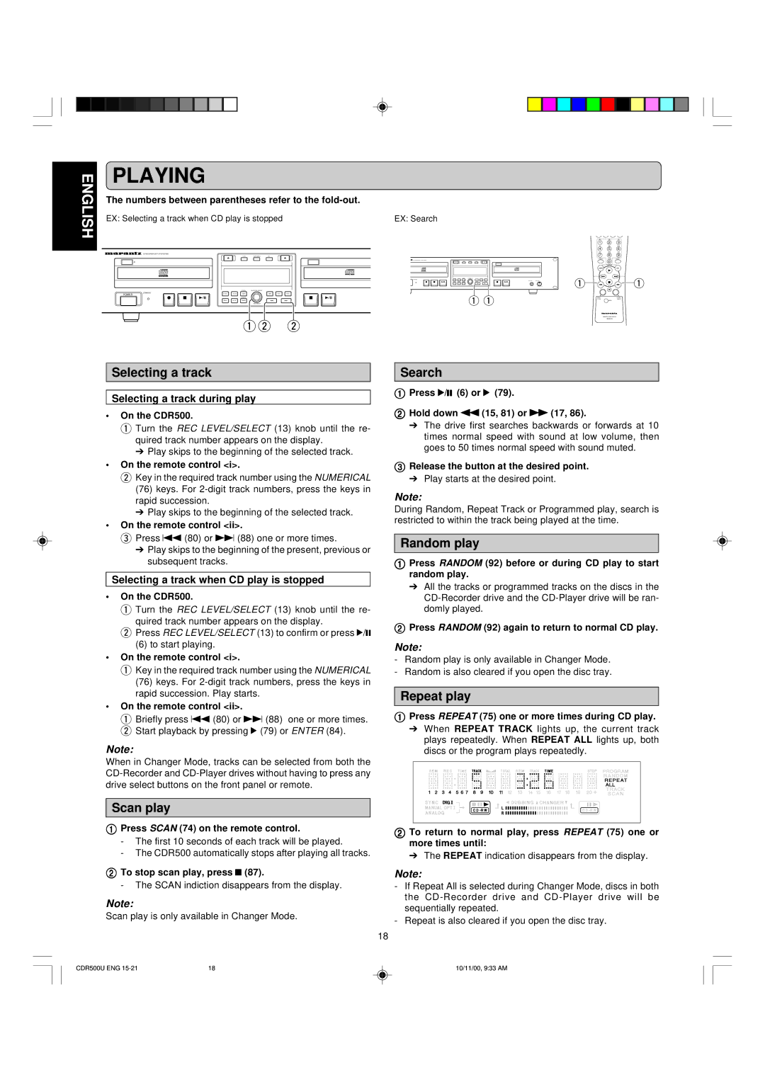 Marantz CDR500 manual Selecting a track, Search, Random play, Repeat play, Scan play 