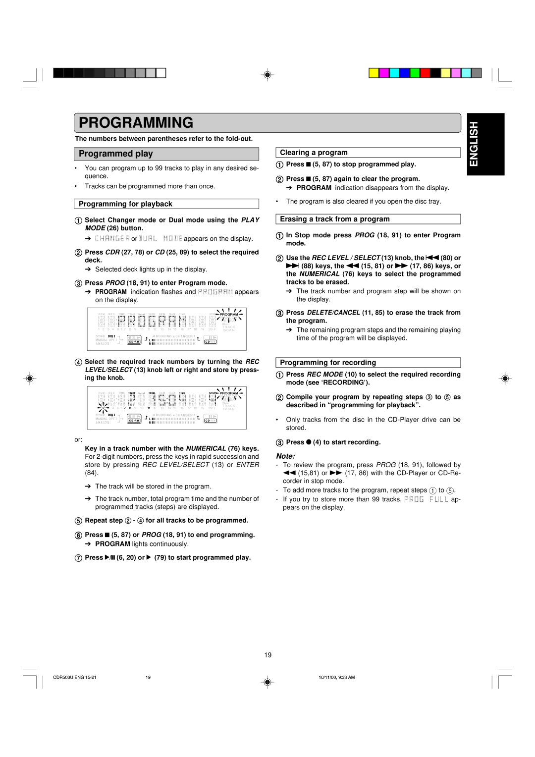 Marantz CDR500 manual Programming, Programmed play 