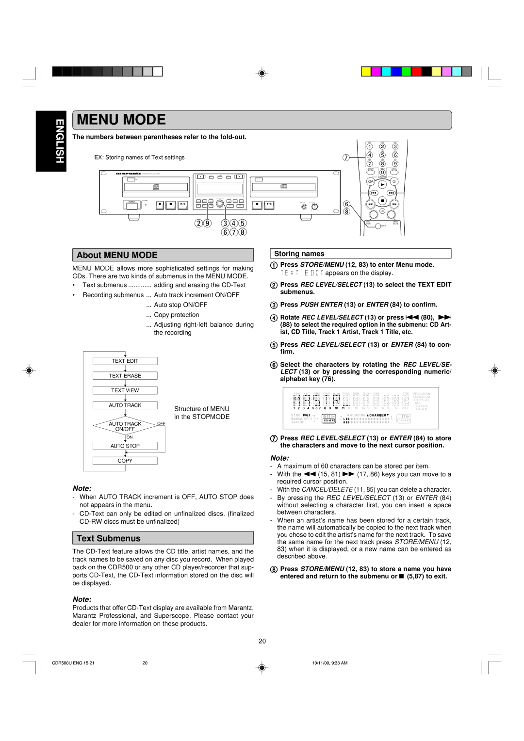 Marantz CDR500 manual About Menu Mode, Text Submenus, Storing names 