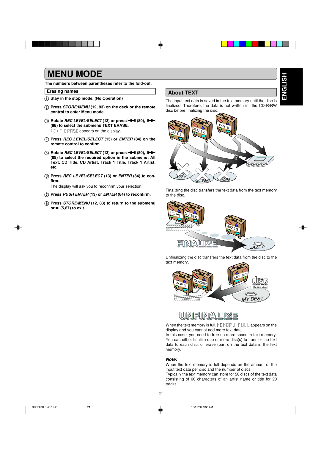 Marantz CDR500 manual About Text, Erasing names, Pops, Jazz, Classic 