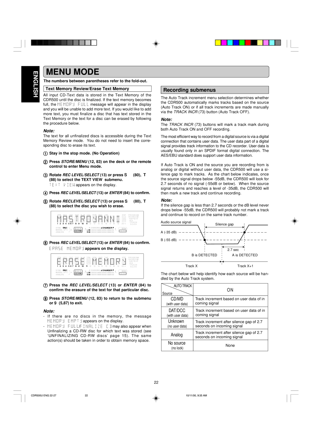 Marantz CDR500 manual Recording submenus, Text Memory Review/Erase Text Memory, Cd/Md, Dat/Dcc 