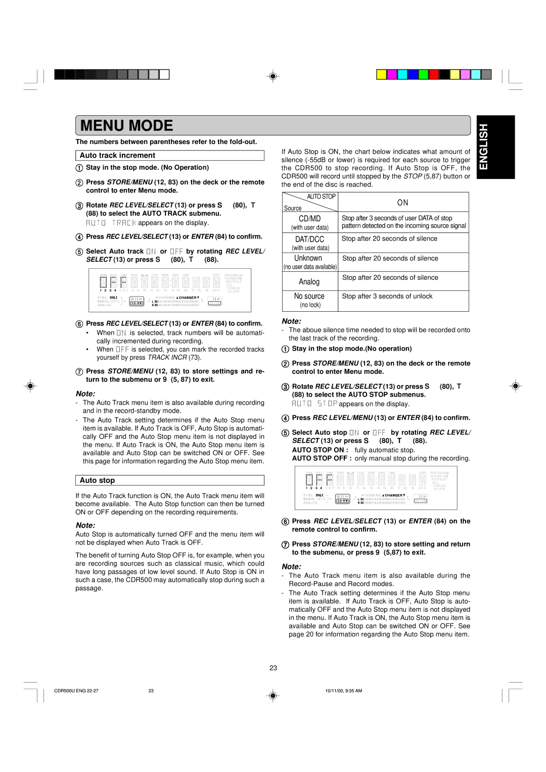 Marantz CDR500 manual Auto track increment, Auto stop 