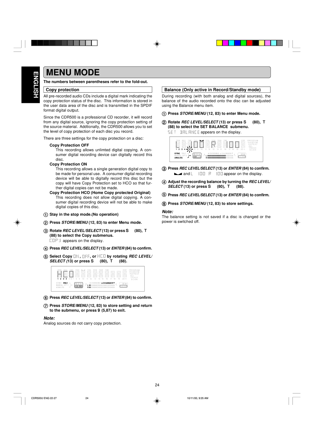 Marantz CDR500 manual Copy protection, Balance Only active in Record/Standby mode 