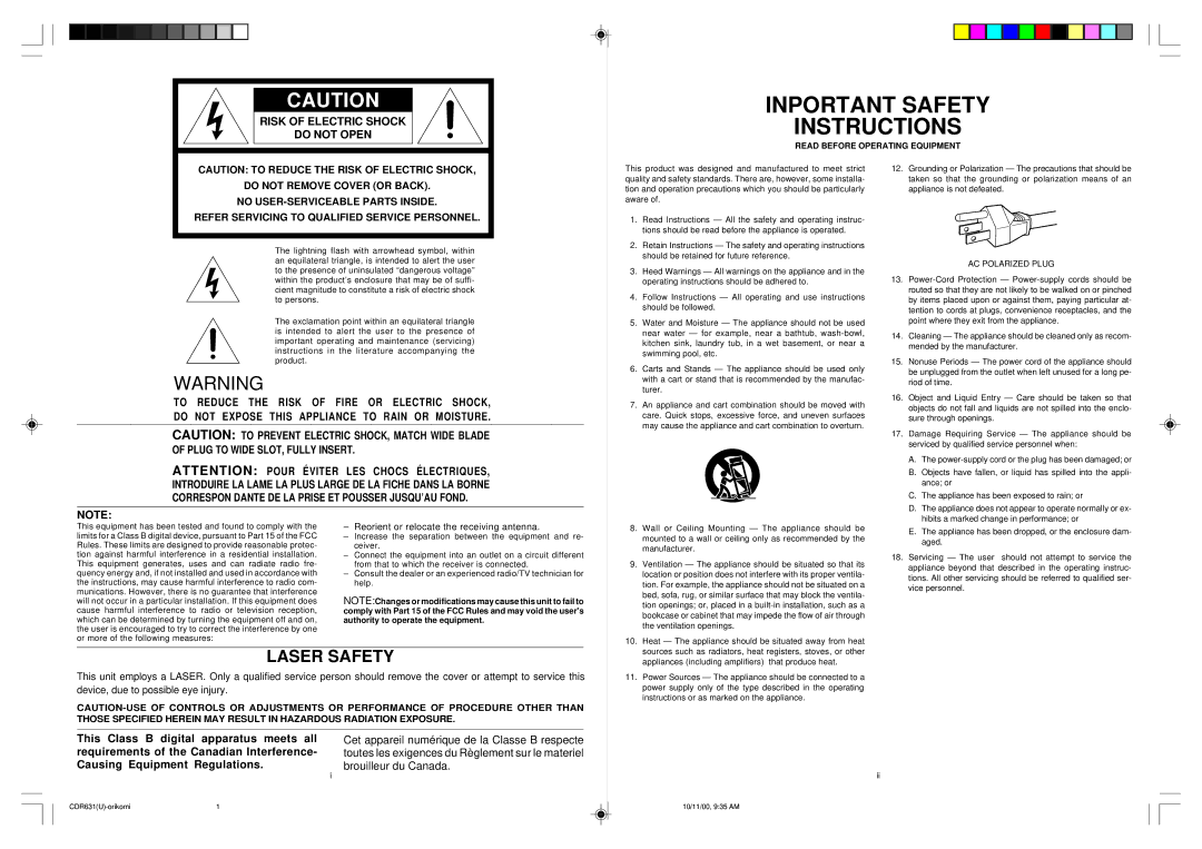 Marantz CDR500 manual This Class B digital apparatus meets all, Requirements of the Canadian Interference 