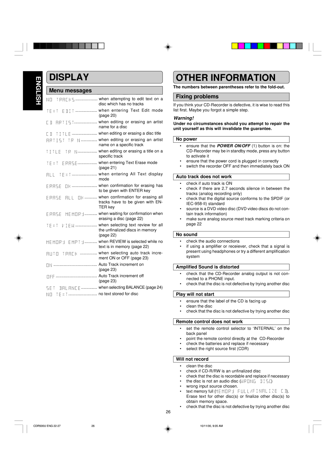 Marantz CDR500 manual Other Information, Menu messages, Fixing problems 