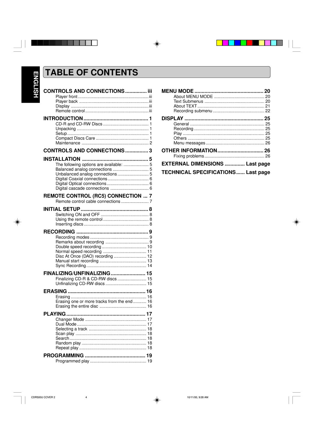 Marantz CDR500 manual Table of Contents 