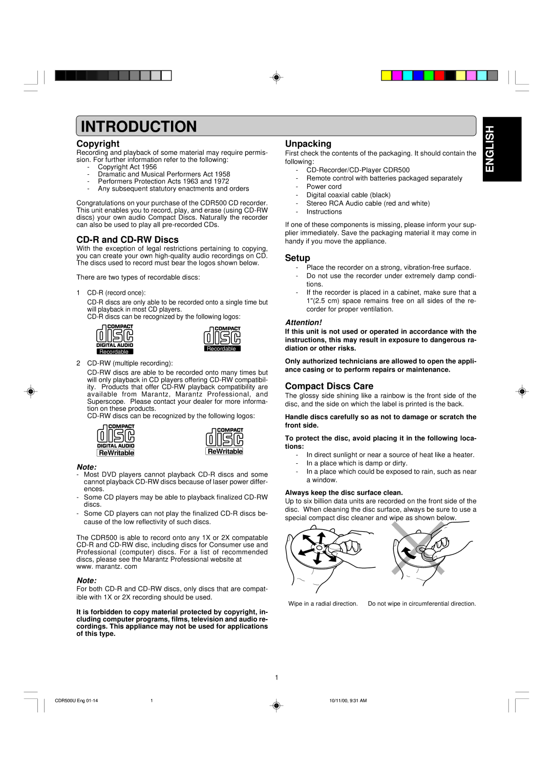 Marantz CDR500 manual Introduction 