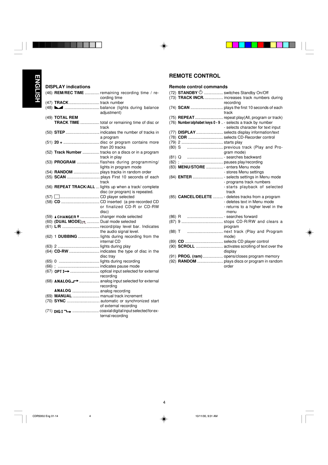 Marantz CDR500 manual Display indications, Remote control commands 