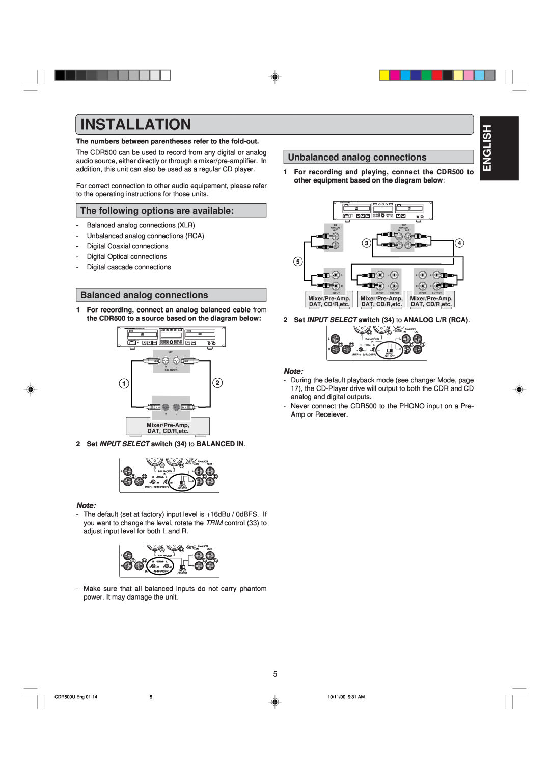 Marantz CDR500 manual Installation, English, The following options are available, Balanced analog connections 