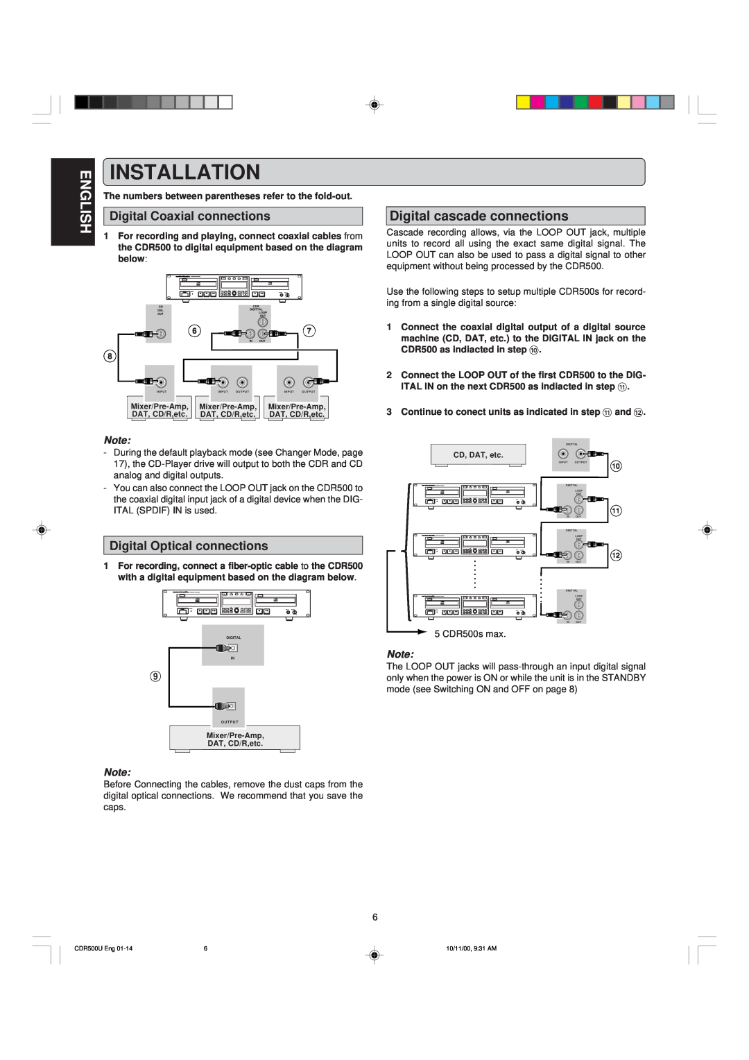 Marantz CDR500 manual Installation, English, Digital cascade connections, Digital Coaxial connections 