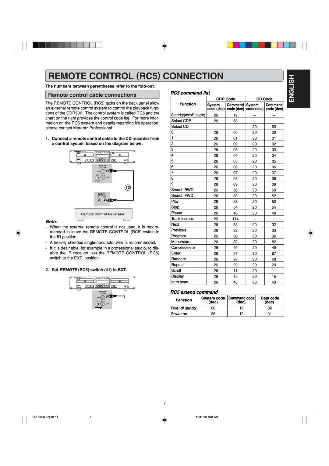 Marantz CDR500 manual REMOTE CONTROL RC5 CONNECTION, English, Remote control cable connections, RC5 command list 