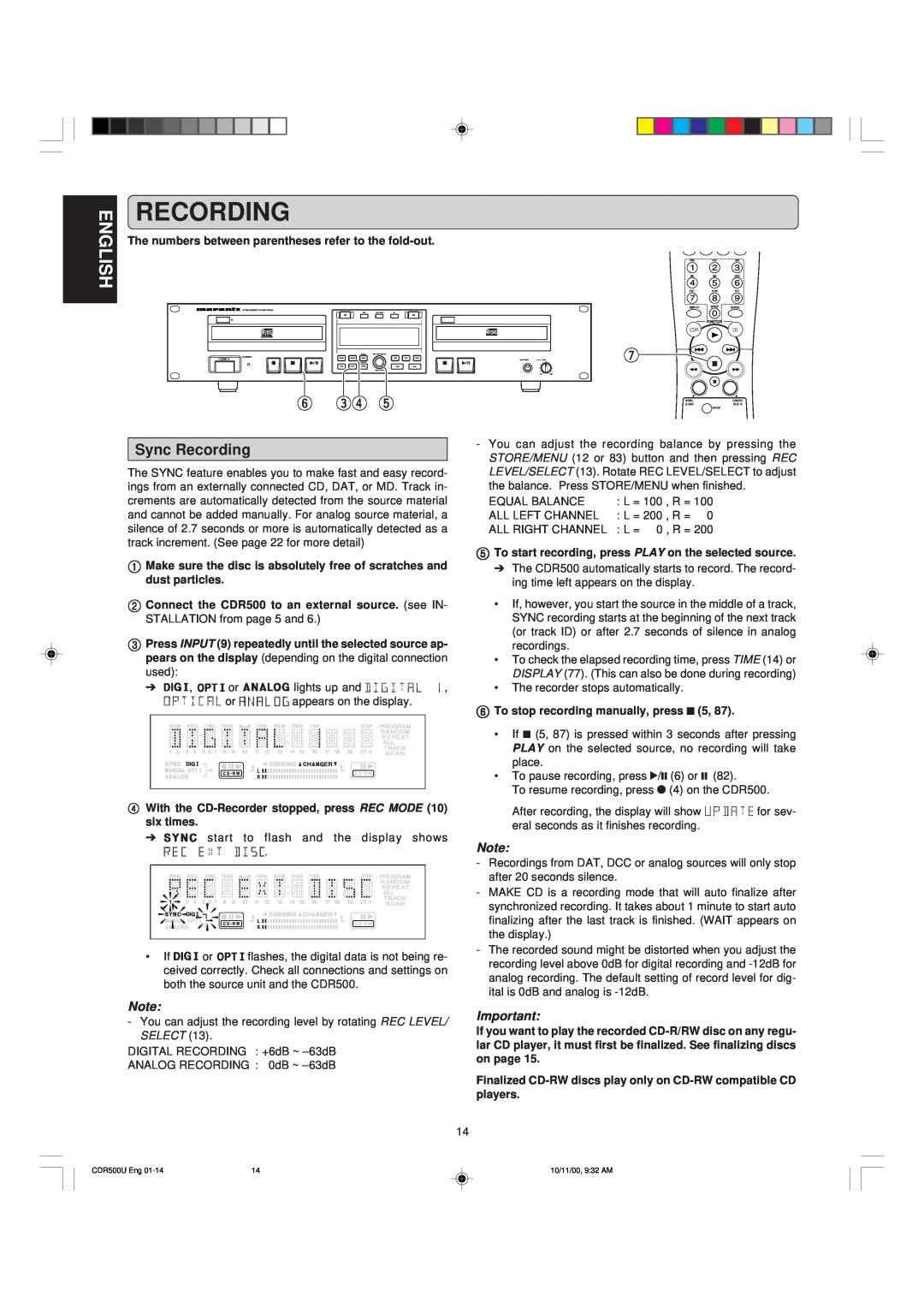 Marantz CDR500 manual y er t, Sync Recording, English, Select 