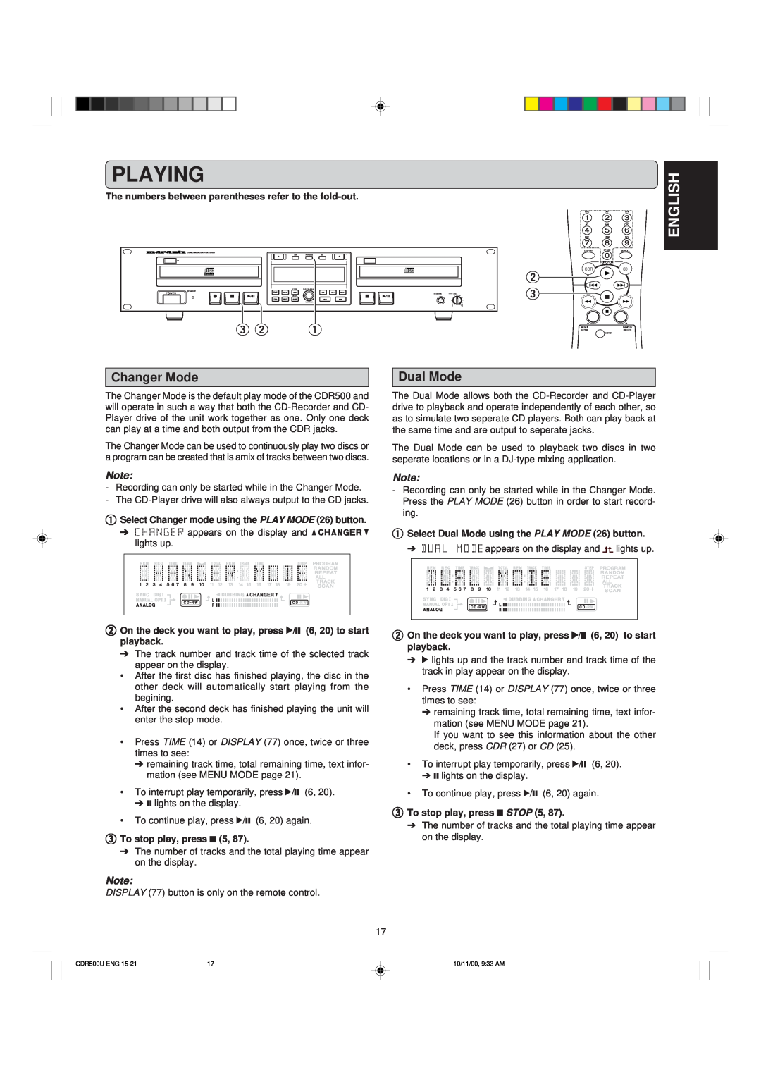 Marantz CDR500 manual Playing, e w q, English, Changer Mode, Dual Mode 
