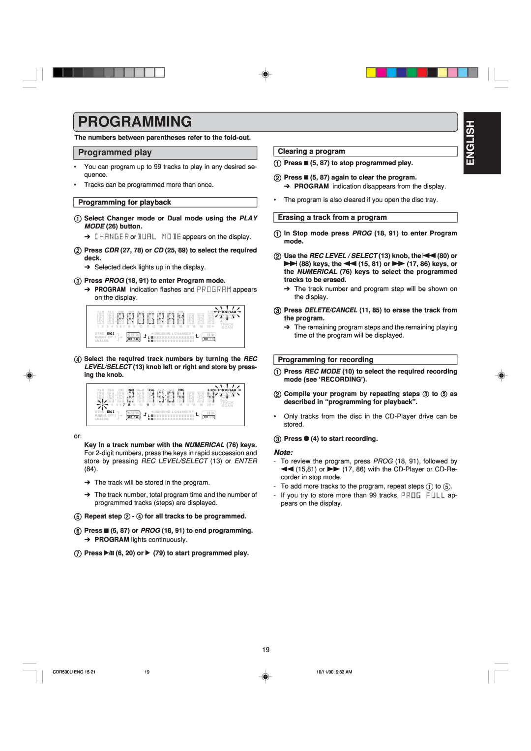 Marantz CDR500 manual English, Programming for playback, Clearing a program, Erasing a track from a program 