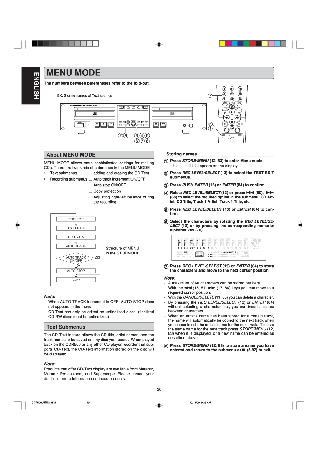 Marantz CDR500 manual Menu Mode, wo ert yui, About MENU MODE, Text Submenus, Storing names 
