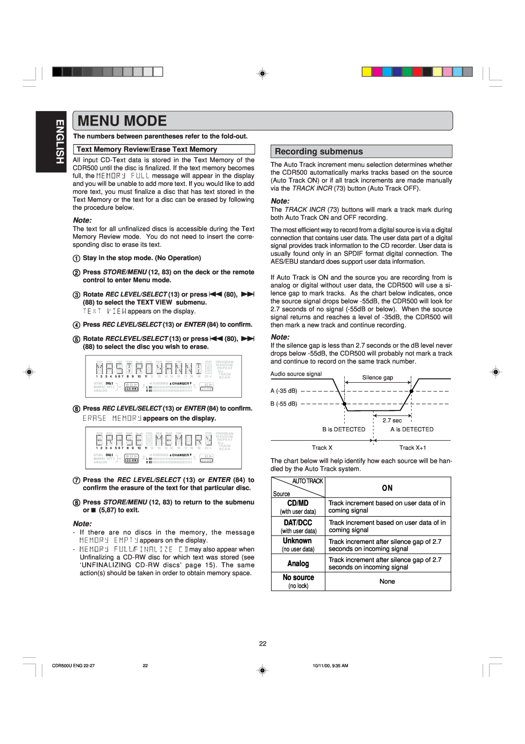 Marantz CDR500 manual Menu Mode, English, Recording submenus, Text Memory Review/Erase Text Memory 