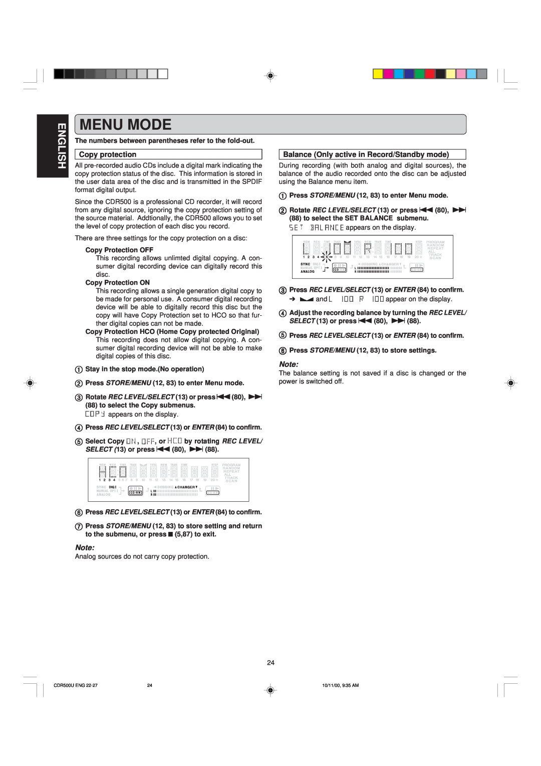 Marantz CDR500 manual Menu Mode, English, Copy protection, Balance Only active in Record/Standby mode 