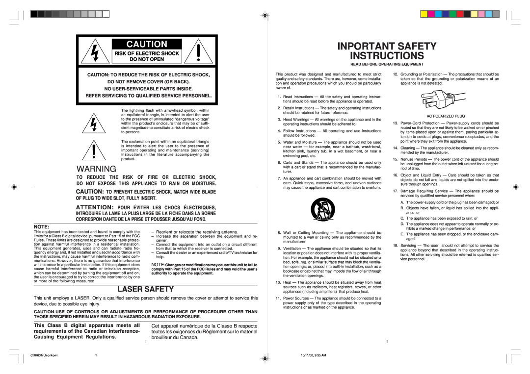 Marantz CDR500 Laser Safety, Inportant Safety Instructions, This Class B digital apparatus meets all, brouilleur du Canada 