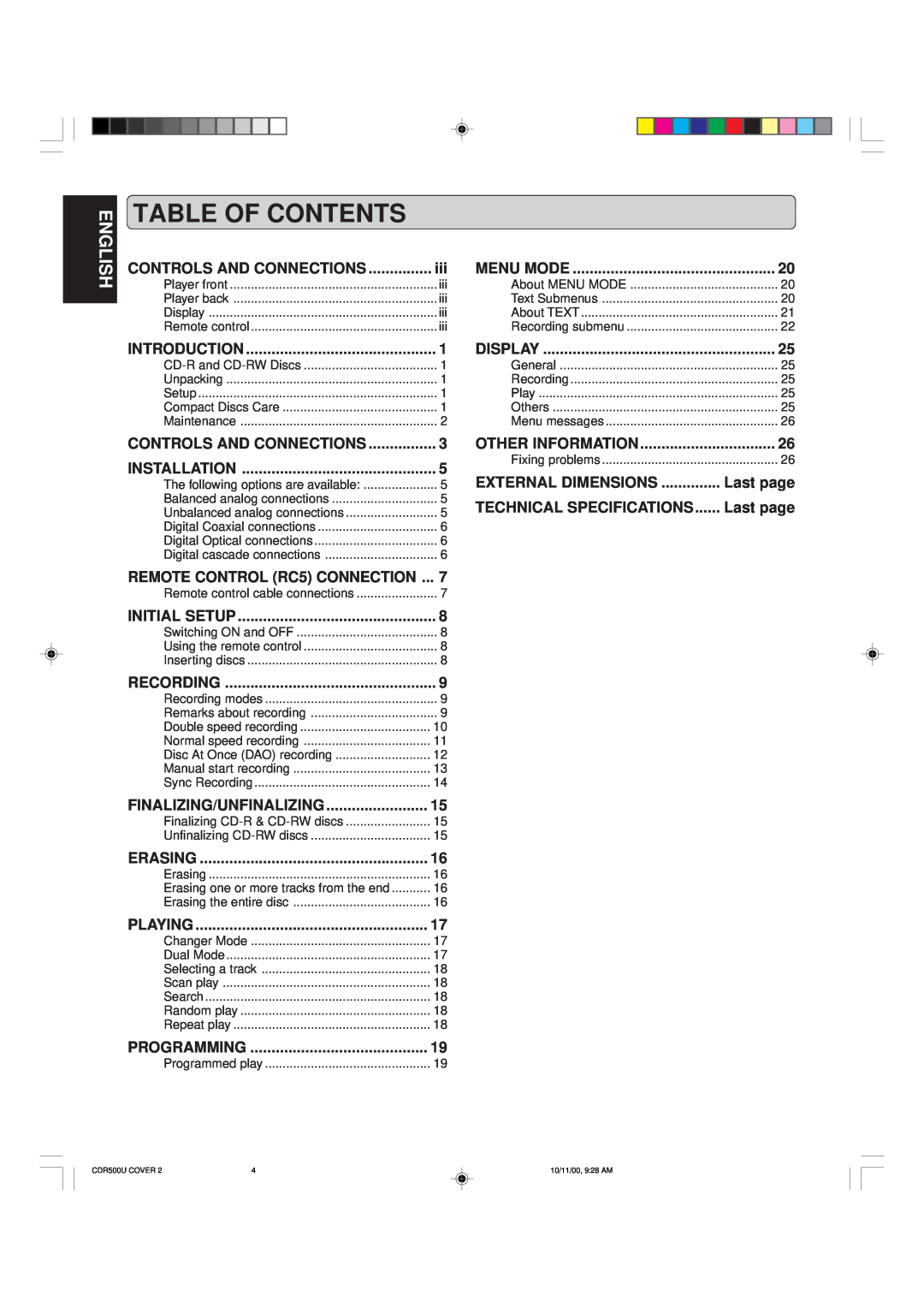 Marantz CDR500 manual Table Of Contents, English 