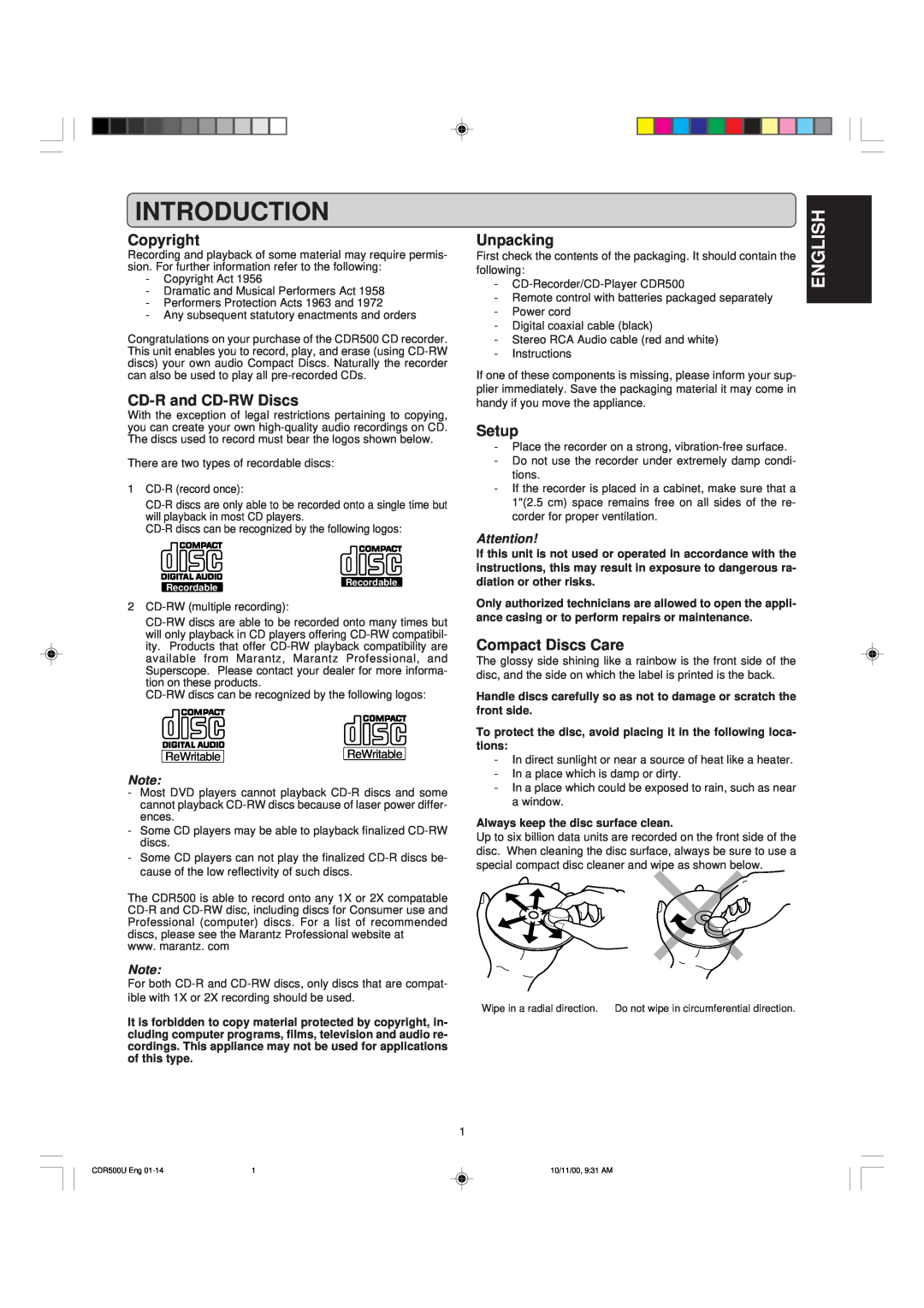 Marantz CDR500 manual Introduction, English, Copyright, CD-Rand CD-RWDiscs, Unpacking, Setup, Compact Discs Care 