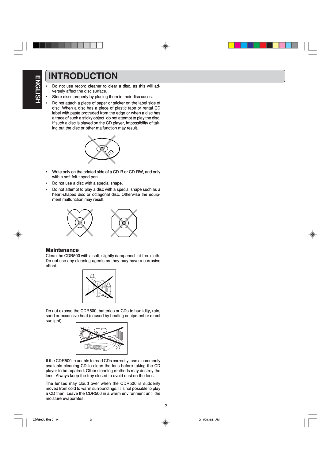 Marantz CDR500 manual Introduction, English, Maintenance 