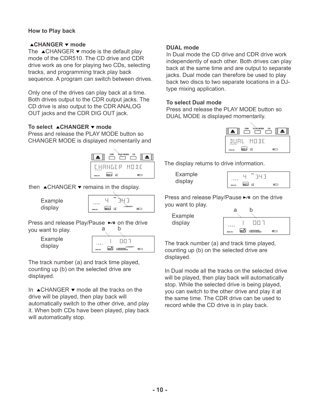 Marantz CDR510 manual How to Play back Changer mode, To select Changer mode, Example, Display, To select Dual mode 