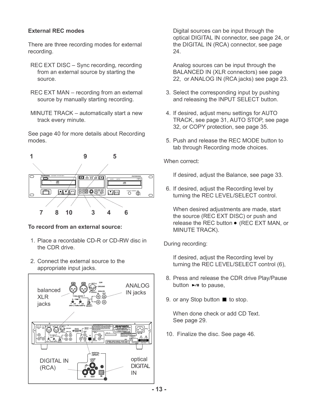 Marantz CDR510 manual Analog, Xlr, Digital, Rca 