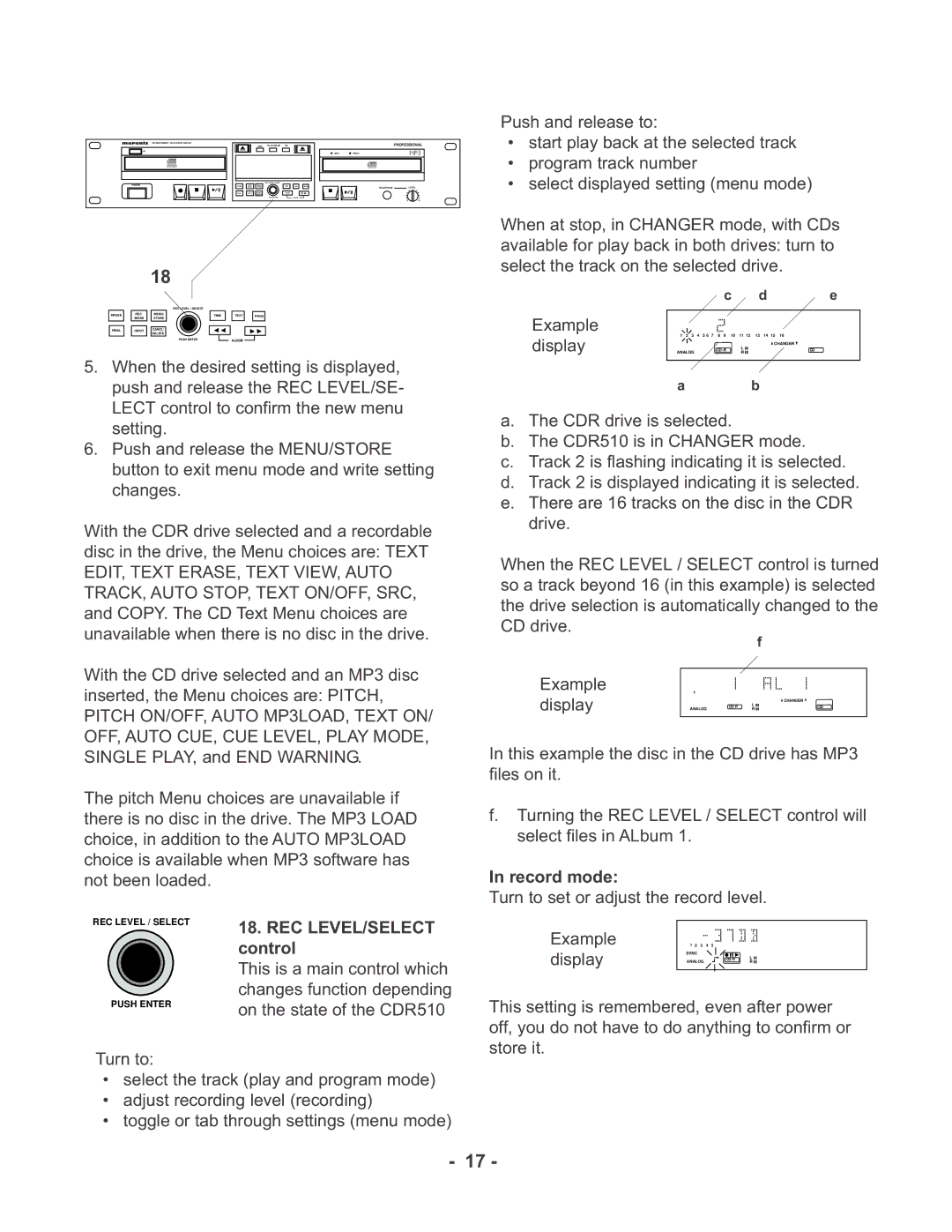 Marantz CDR510 manual Rec Level/Select, Control, Record mode 