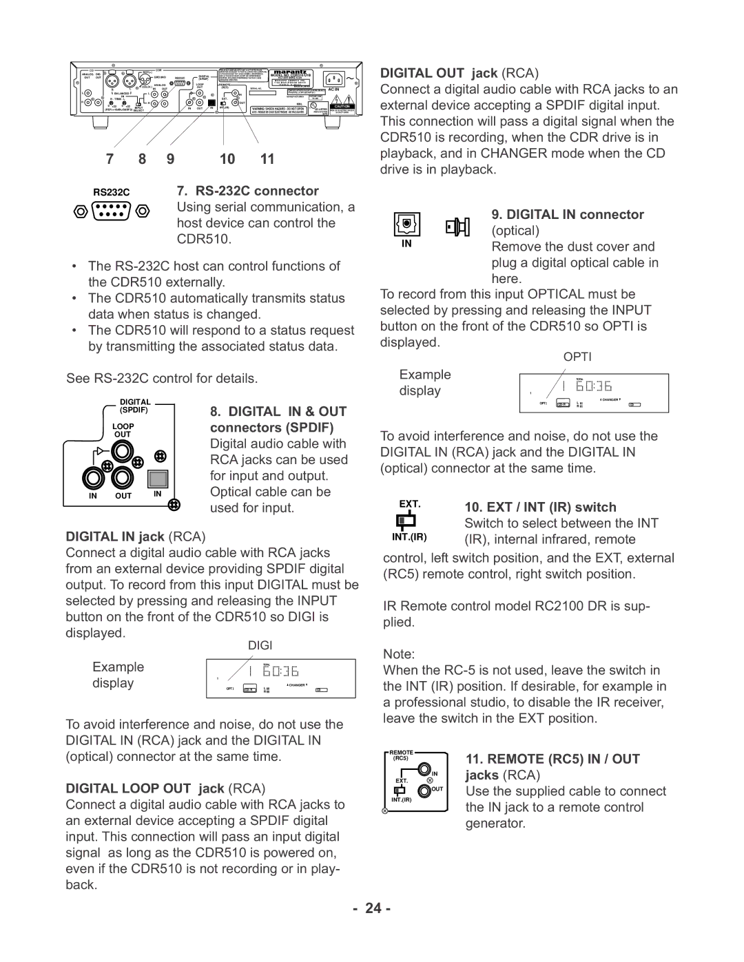 Marantz CDR510 manual Remote RC5 in / OUT 
